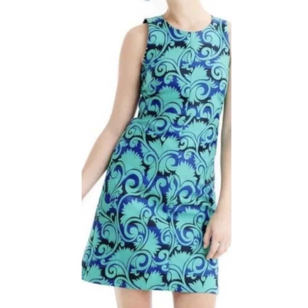 J. Crew Vineyard Jacquard Sleeveless A-Line Key Hole Mini Dress 6 Blue Green